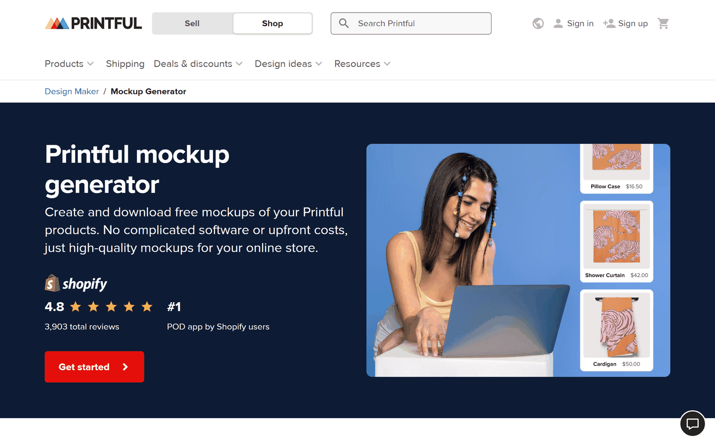 Printful's mockup generator page, which makes free mockups of Printful's own products
