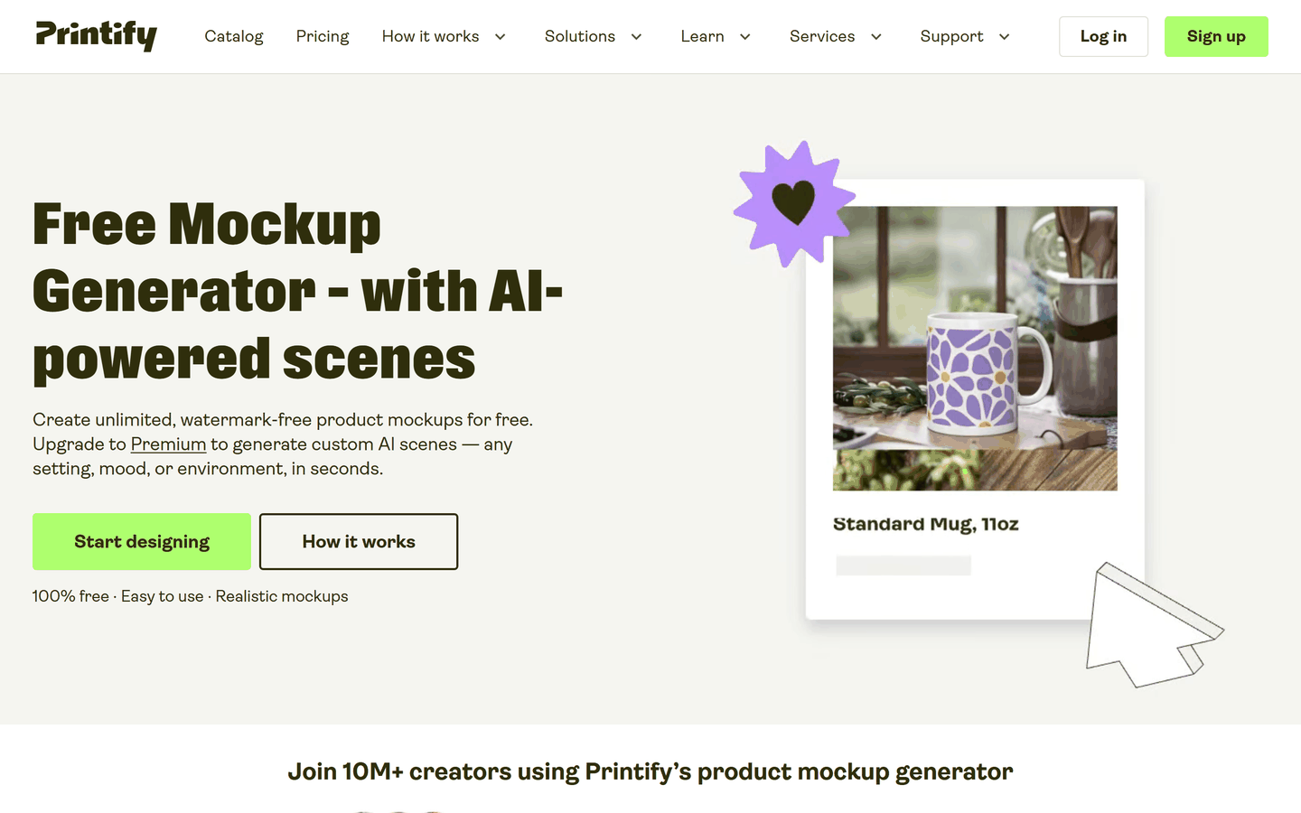 Printify's free mockup generator page, with AI-generated scenes on the Premium plan
