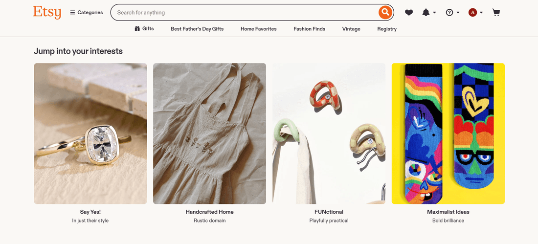 Etsy homepage — a marketplace where shoppers browse and search with intent, the built-in buyer traffic that makes Etsy worth considering
