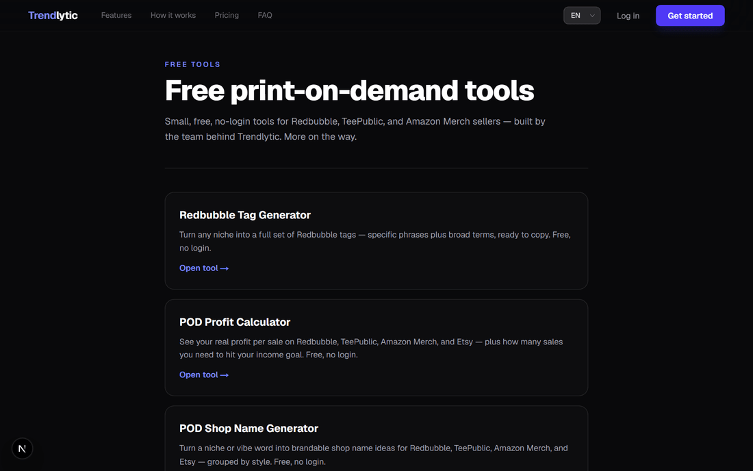 Trendlytic free print-on-demand tools hub showing the Redbubble tag generator, POD profit calculator, and shop name generator