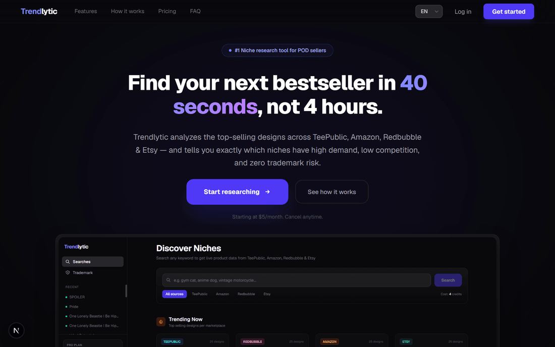 Trendlytic homepage — a niche-research tool that surfaces top-selling designs across TeePublic, Amazon, Redbubble, and Etsy with a built-in trademark check