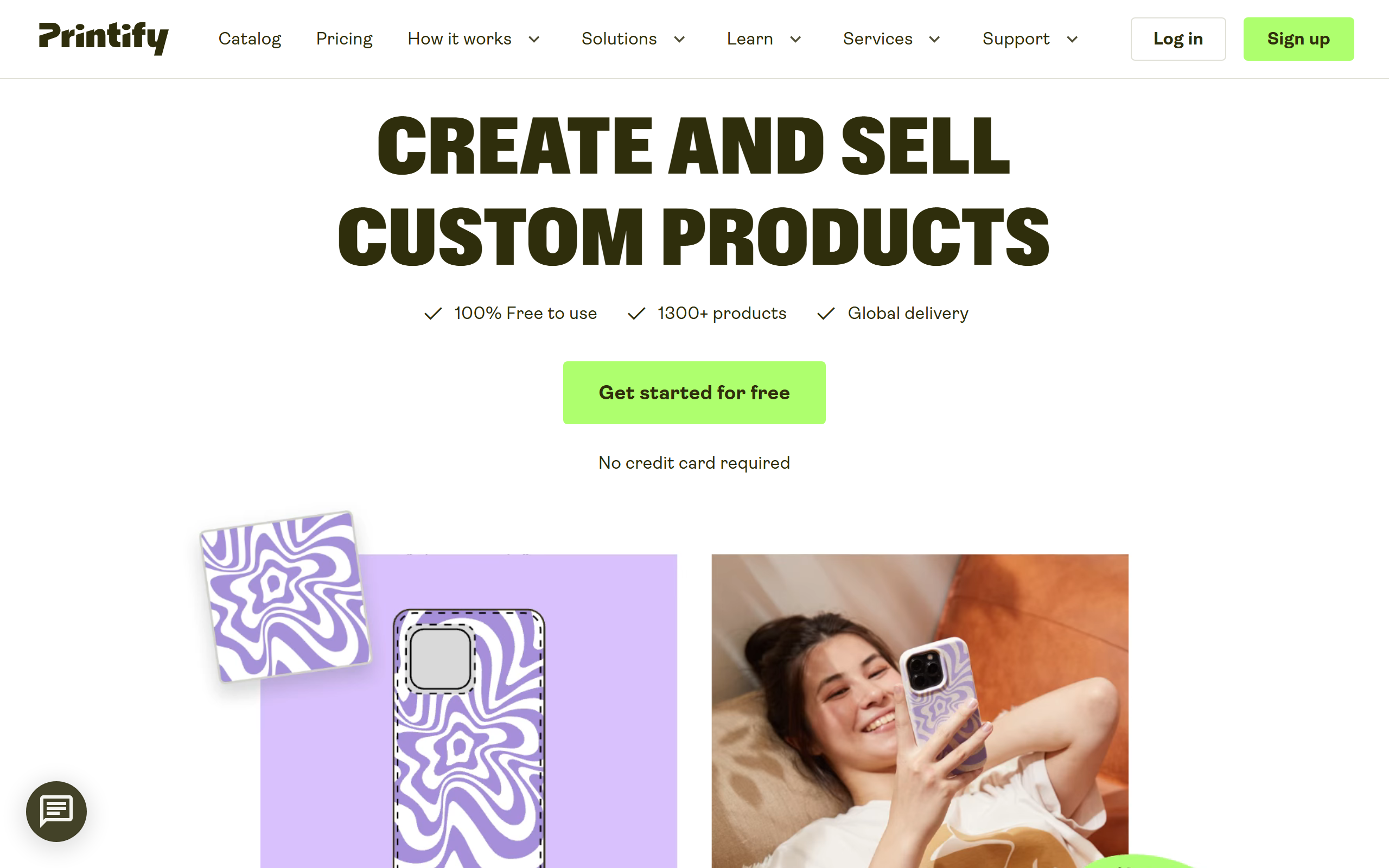 Printify homepage — a print-on-demand marketplace of independent providers, free to use with a large product catalog