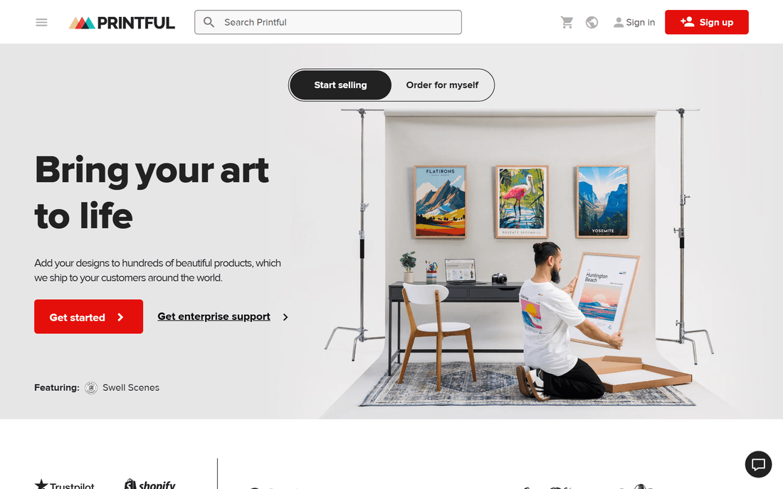 Printful homepage — a print-on-demand supplier you connect to your own store, with "Start selling" and Shopify integration rather than a marketplace