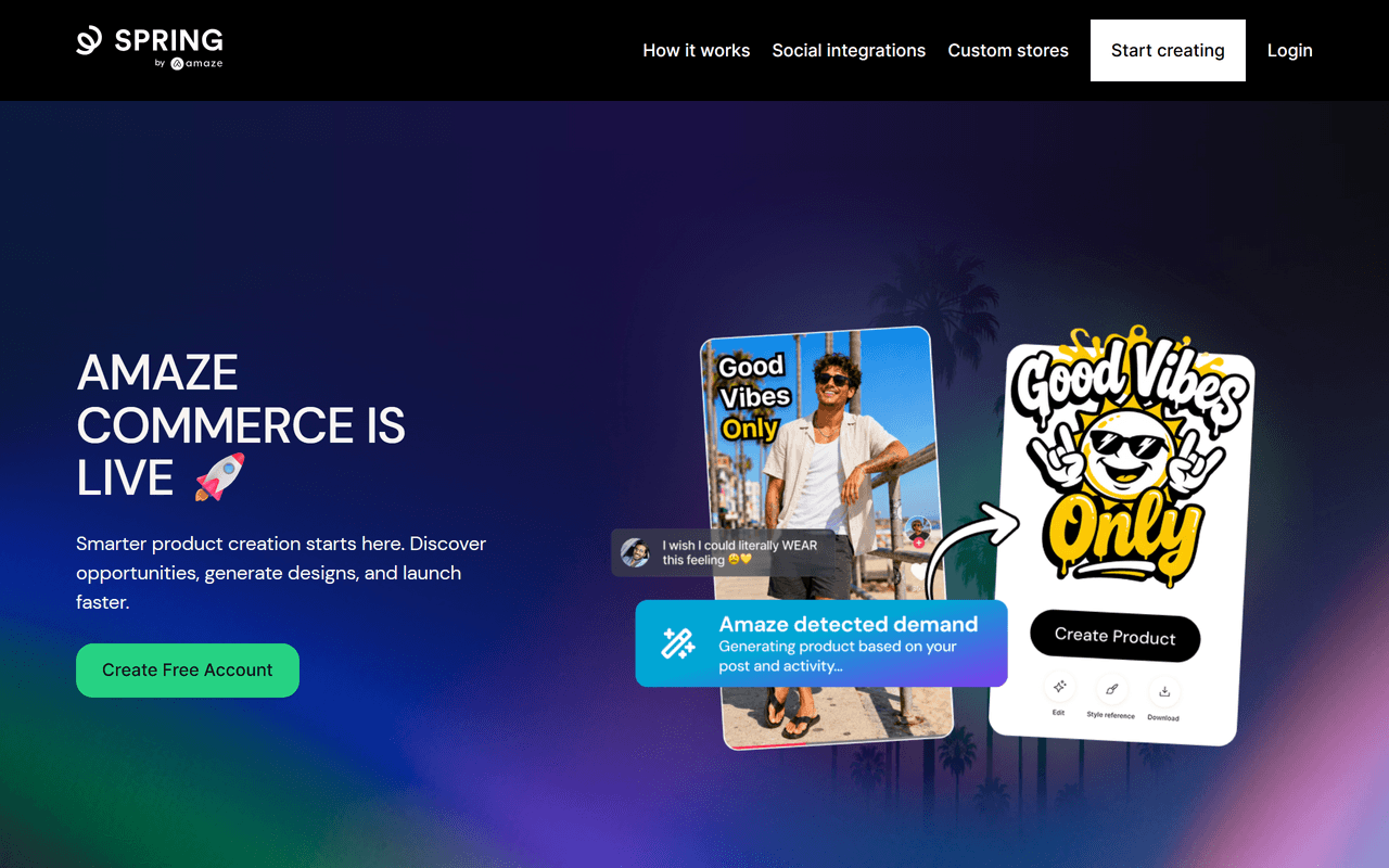 Spring by Amaze homepage, a creator commerce platform with a free storefront and social integrations