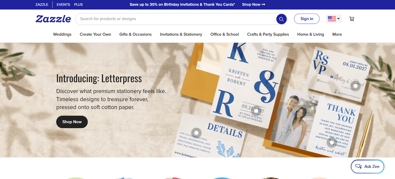Zazzle homepage, a customization-focused marketplace and a Redbubble alternative for personalized and event products