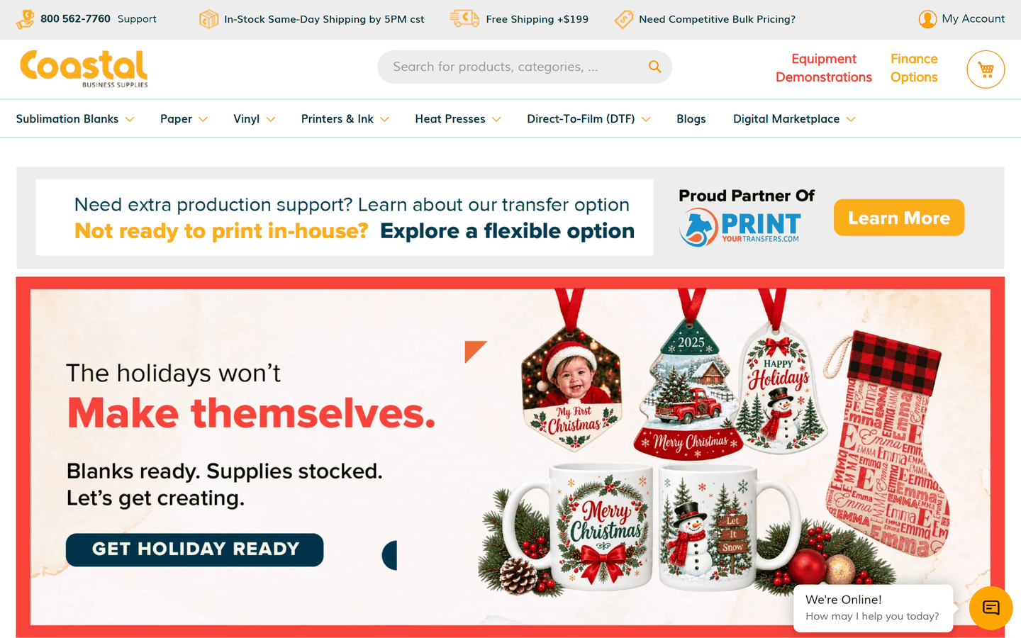 Coastal Business Supplies homepage with its shipping and bulk pricing banner