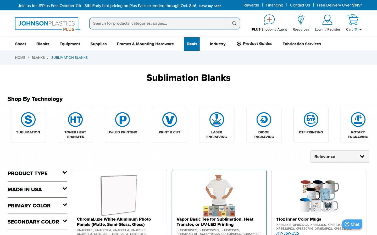 Johnson Plastics Plus sublimation blanks category page with shop-by-technology filters