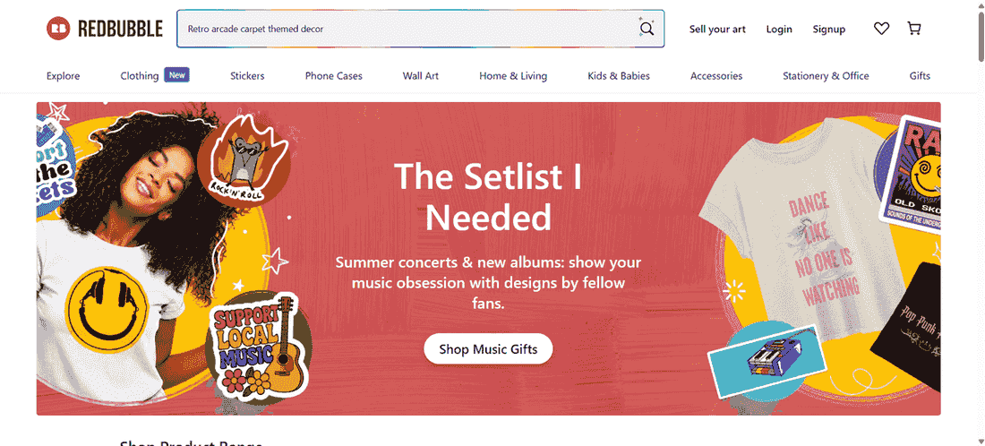 A Redbubble marketplace page showing print-on-demand designs, where you can sell AI art on apparel, stickers, and prints