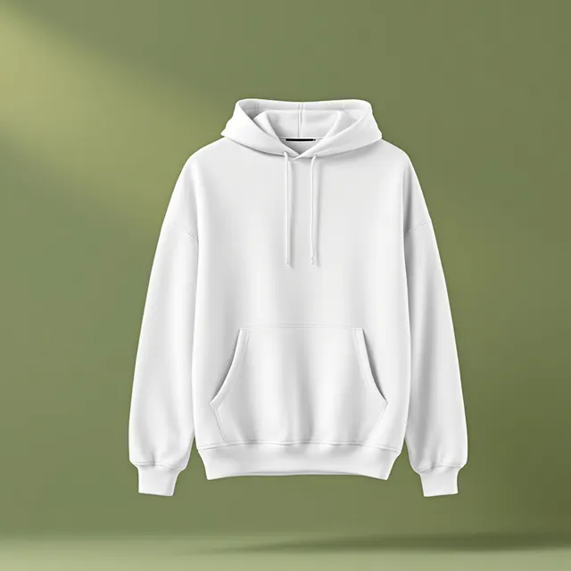 White oversized hoodie floating, sage backdrop: blank hoodie mockup