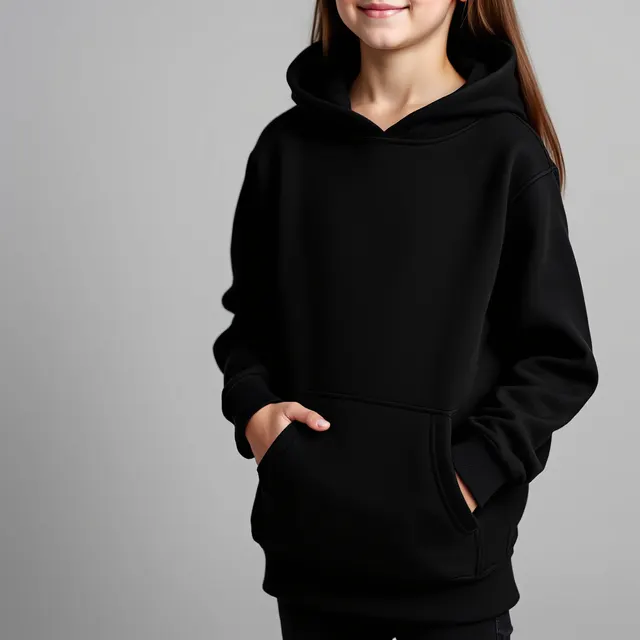 Black kids' hoodie on a girl, grey studio, close-up: blank hoodie mockup