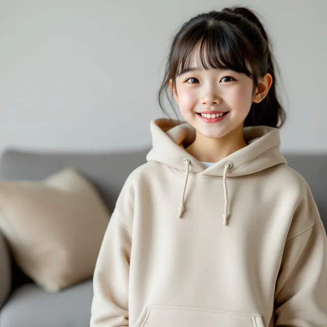 Sand kids' hoodie on a girl, living room: blank hoodie mockup