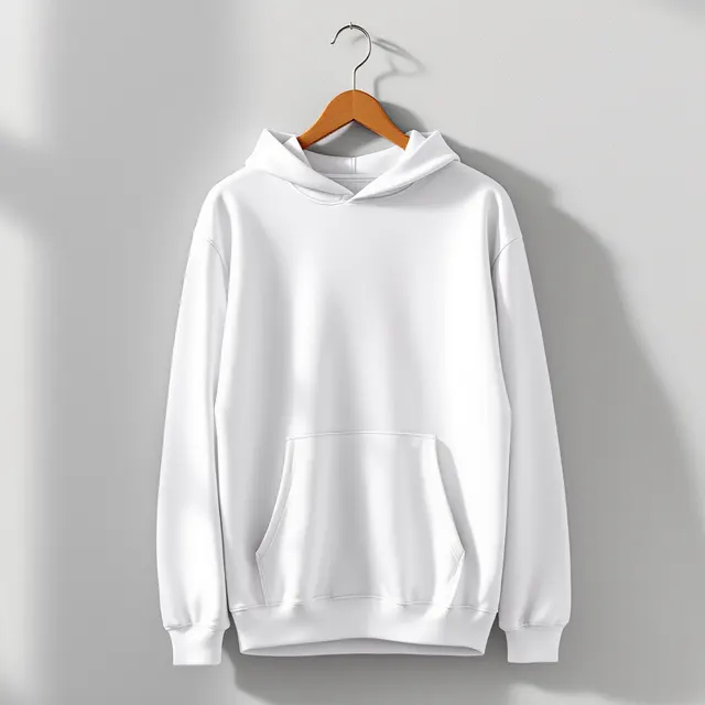 White hoodie on a hanger, grey wall: blank hoodie mockup