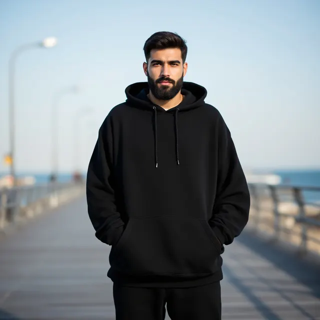 Black oversized hoodie on a man, boardwalk: blank hoodie mockup