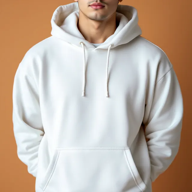 White heavyweight hoodie on a man, terracotta studio, close-up: blank hoodie mockup