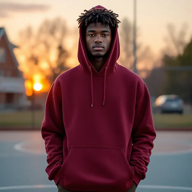 Burgundy hoodie on a teen boy, basketball court, close-up: blank hoodie mockup
