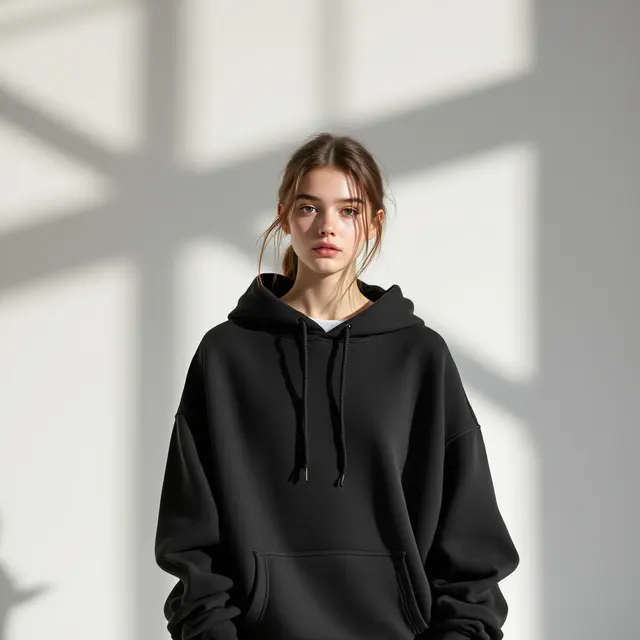 Black oversized hoodie on a teen girl, window-shadow studio, close-up: blank hoodie mockup