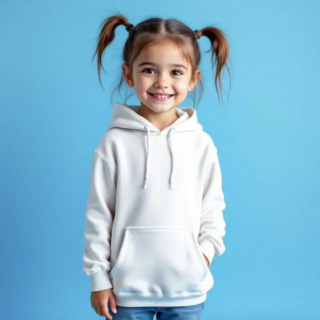 White toddler hoodie on a girl, sky blue studio: blank hoodie mockup