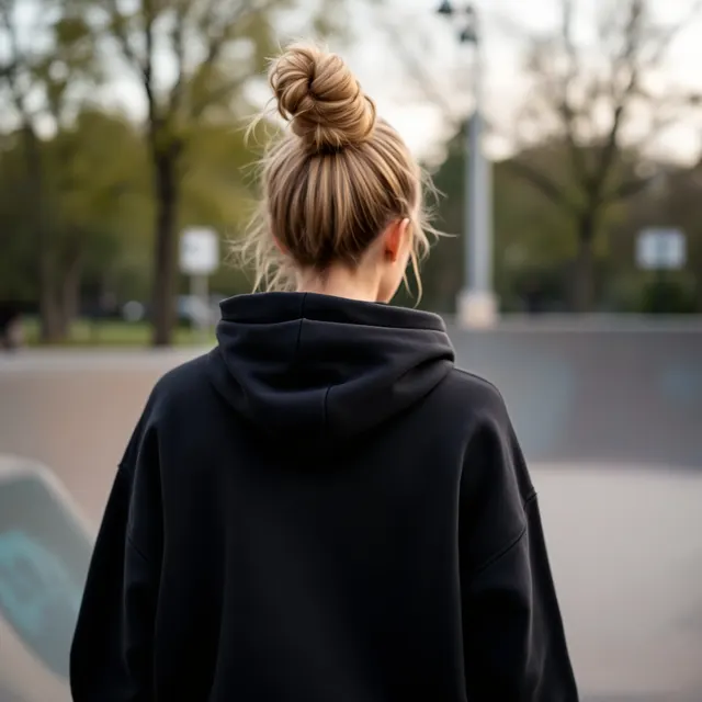 Black hoodie on a woman seen from behind, skate park: blank hoodie mockup