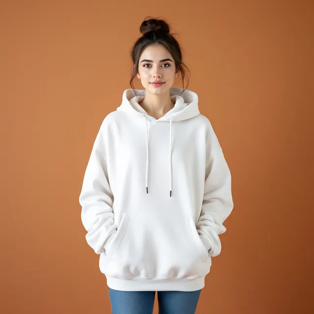 White oversized hoodie on a woman, terracotta studio: blank hoodie mockup