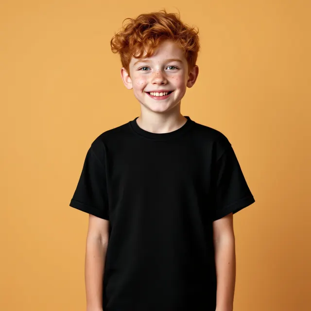 Black kids' tee on a boy, orange studio: blank t-shirt mockup