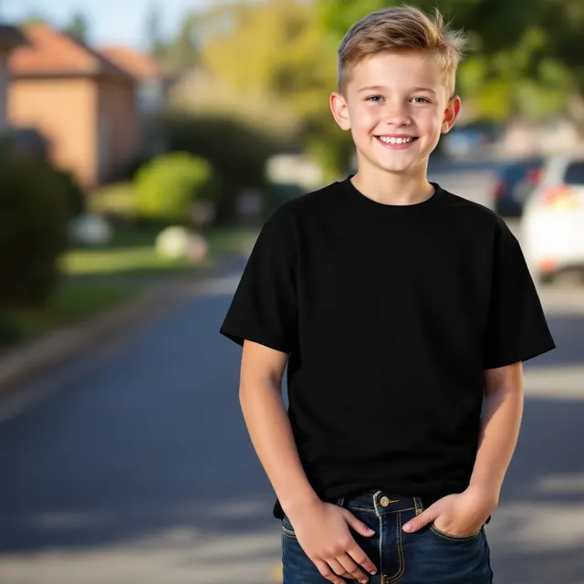 Black kids' tee on a boy, street: blank t-shirt mockup