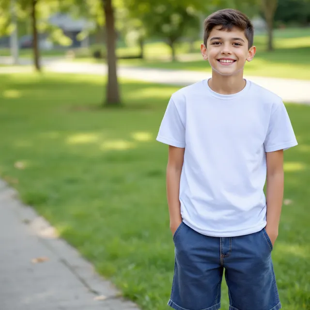 White kids' tee on a boy, park: blank t-shirt mockup