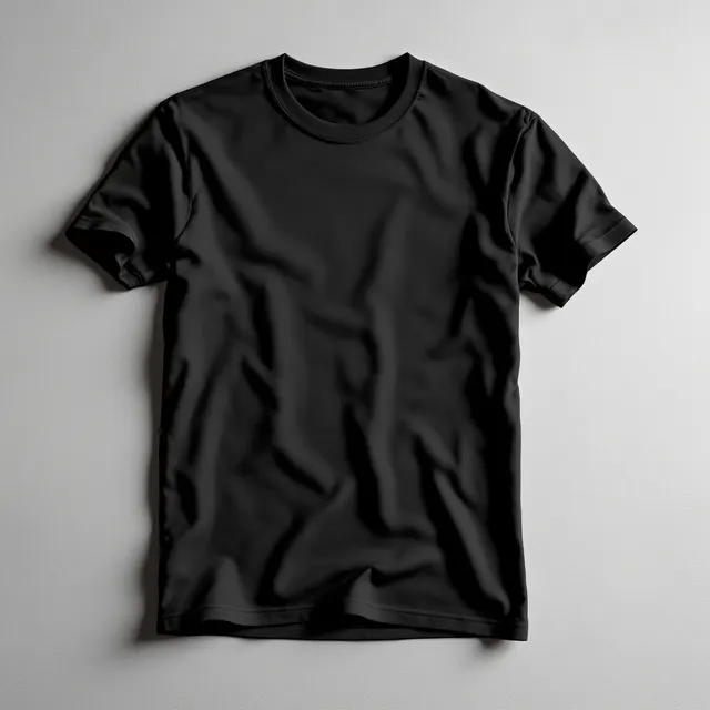Black tee flat lay, concrete: blank black t-shirt mockup