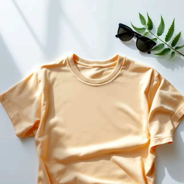 Peach tee flat lay with sunglasses: blank peach t-shirt mockup