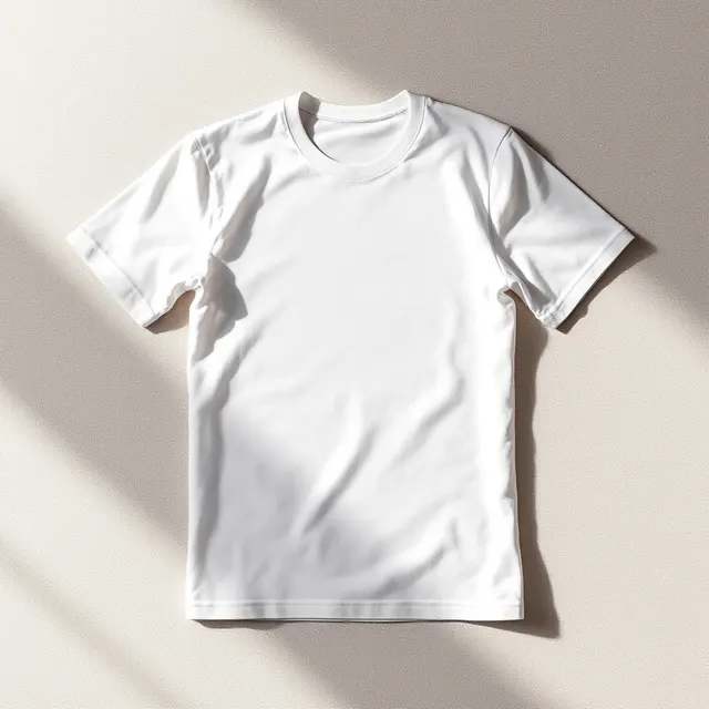 White tee flat lay, window light: blank white t-shirt mockup