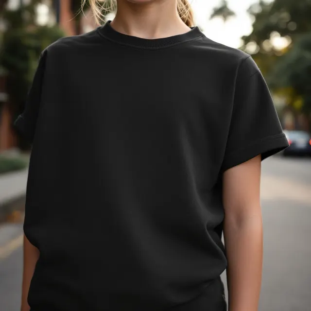 Black kids' tee on a girl, street: blank t-shirt mockup