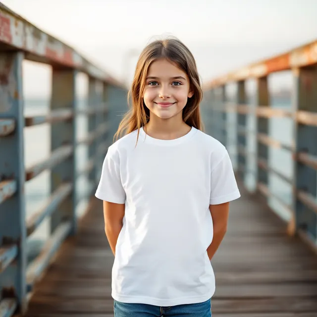 White kids' tee on a girl, pier: blank t-shirt mockup