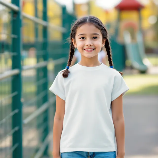 White kids' tee on a girl, playground: blank t-shirt mockup