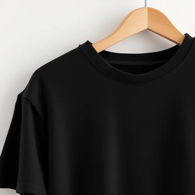 Black tee on a hanger, close up: blank black t-shirt mockup