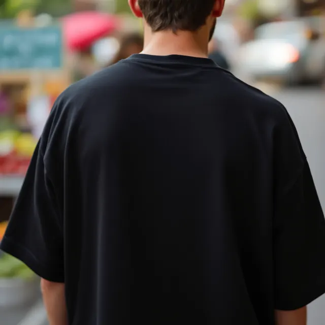 Back of a black oversized tee on a man, farmers market: blank t-shirt mockup