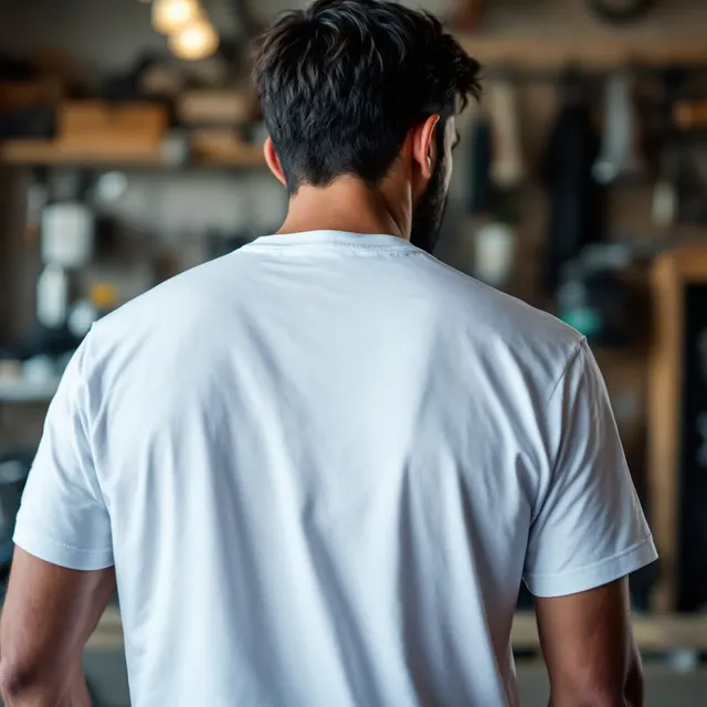 Back of a white tee on a man, bike workshop: blank t-shirt mockup