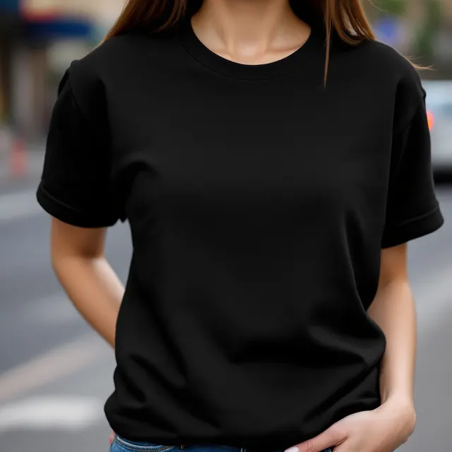 Black tee on a model, city street: blank black t-shirt mockup