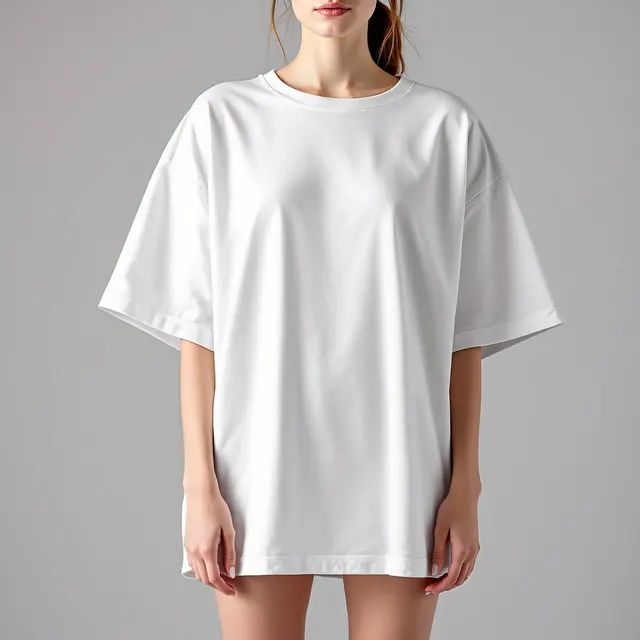 Oversized white tee on a woman, grey studio: blank t-shirt mockup