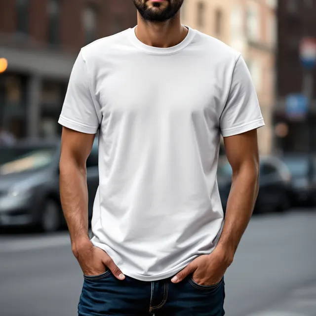 White tee on a man, city street: blank t-shirt mockup