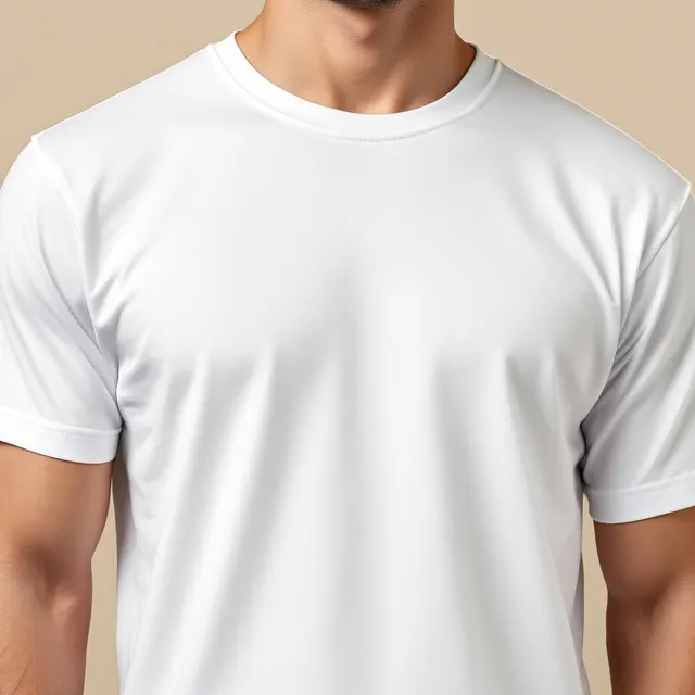 White tee on a model, studio: blank white t-shirt mockup