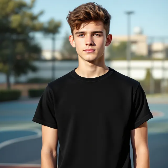 Black tee on a teen boy, basketball court: blank t-shirt mockup