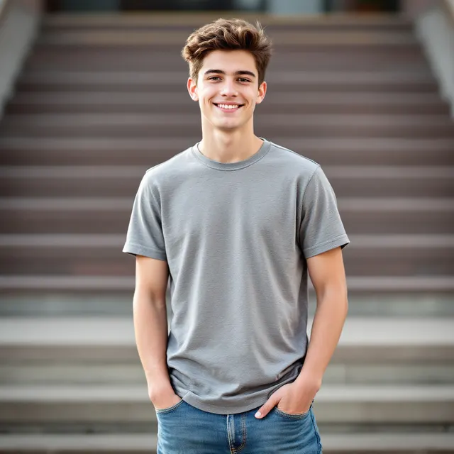 Heather grey tee on a teen boy, steps: blank t-shirt mockup
