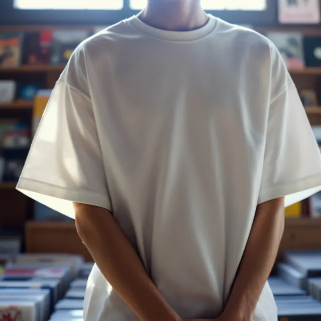 White oversized tee on a teen boy, record shop: blank t-shirt mockup