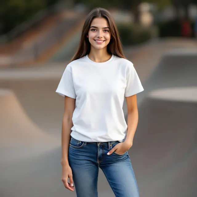 Preview: White tee on a teen girl, skate park: blank t-shirt mockup