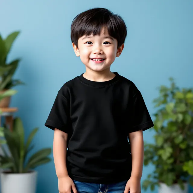 Black toddler tee on a boy, sky blue studio: blank t-shirt mockup