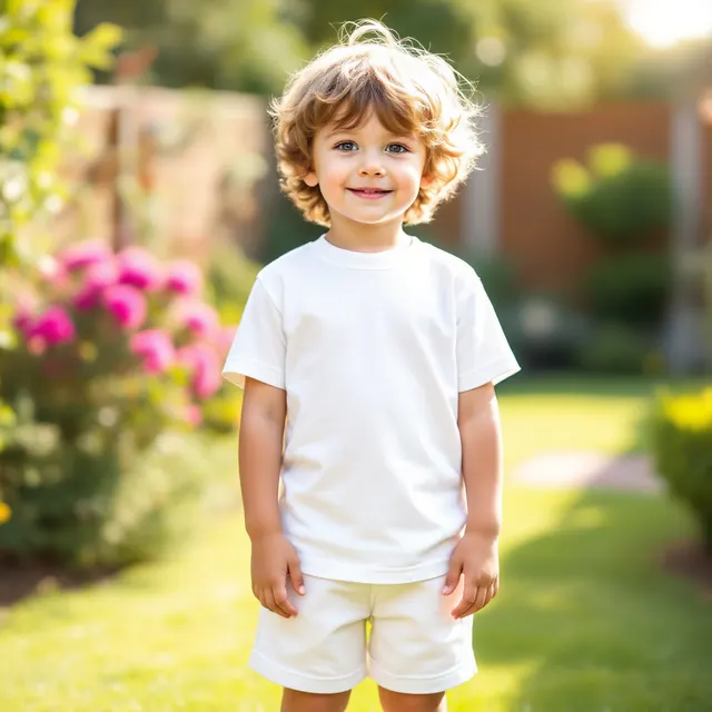 White toddler tee on a boy, garden: blank t-shirt mockup