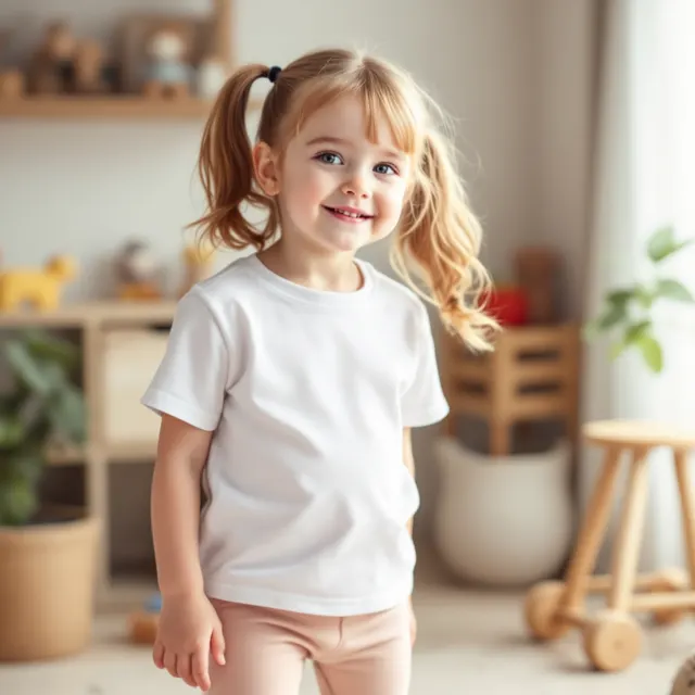 White toddler tee on a girl, playroom: blank t-shirt mockup