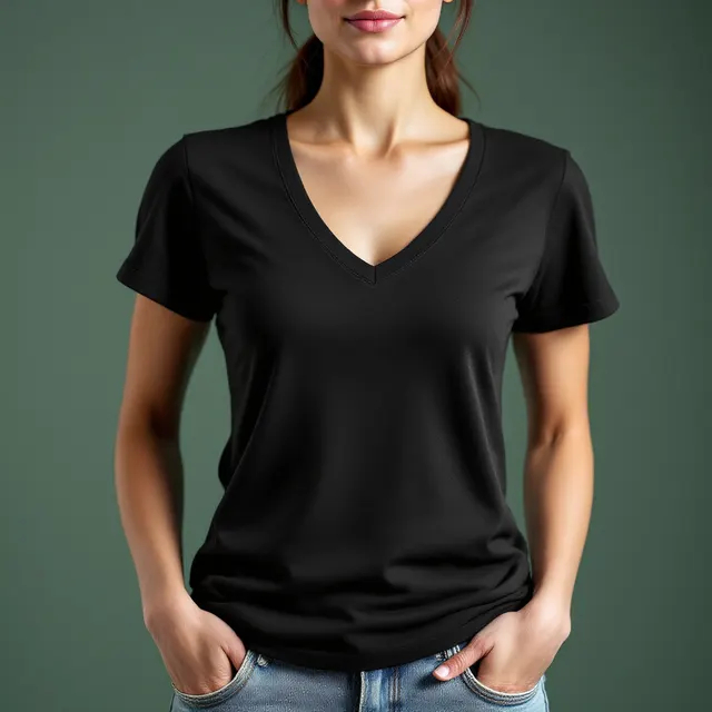 Black V-neck tee on a woman, sage studio, close-up: blank t-shirt mockup