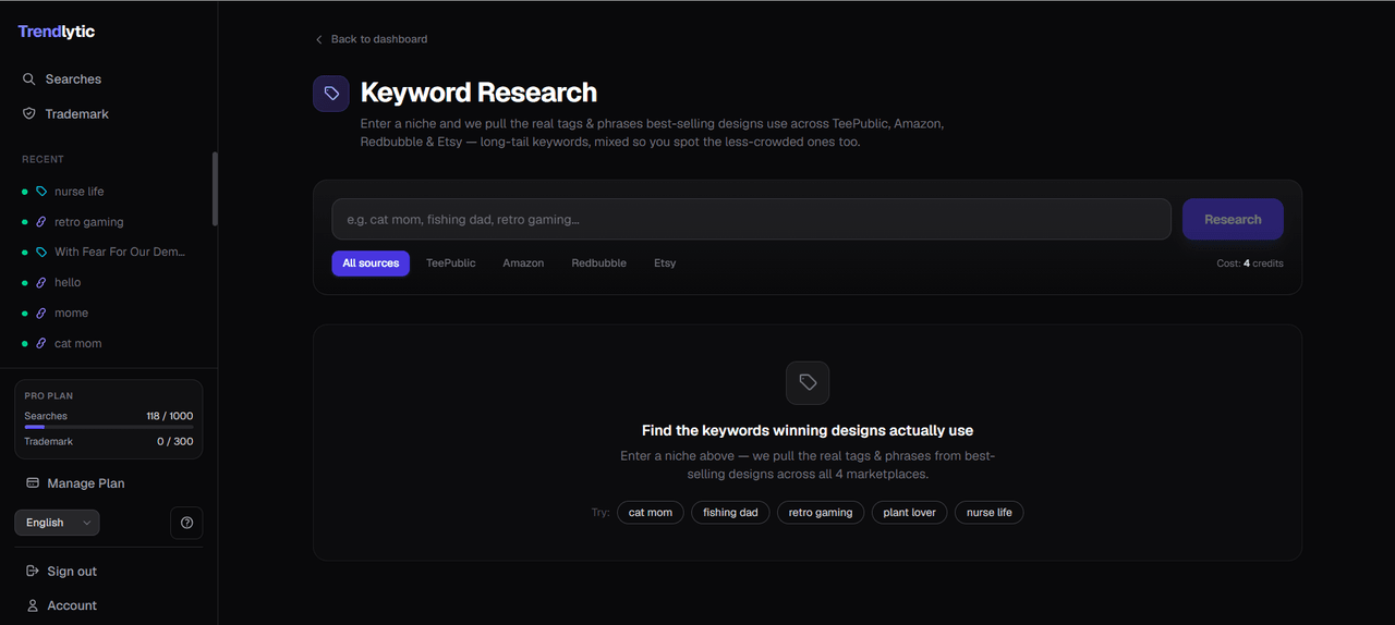 Trendlytic Keyword Research pulling the real tags and phrases best-selling designs use