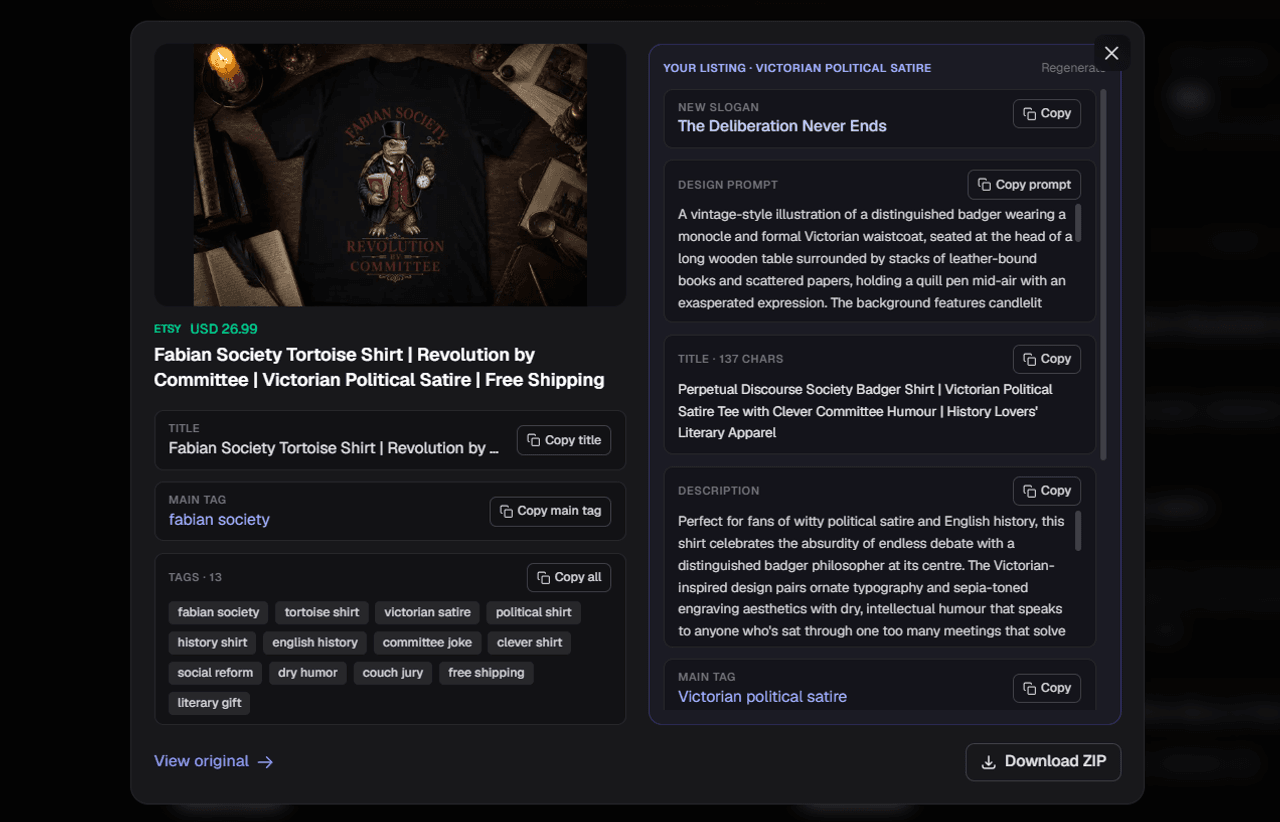 The generated listing: a new slogan, a design prompt, a title, a description and a main tag