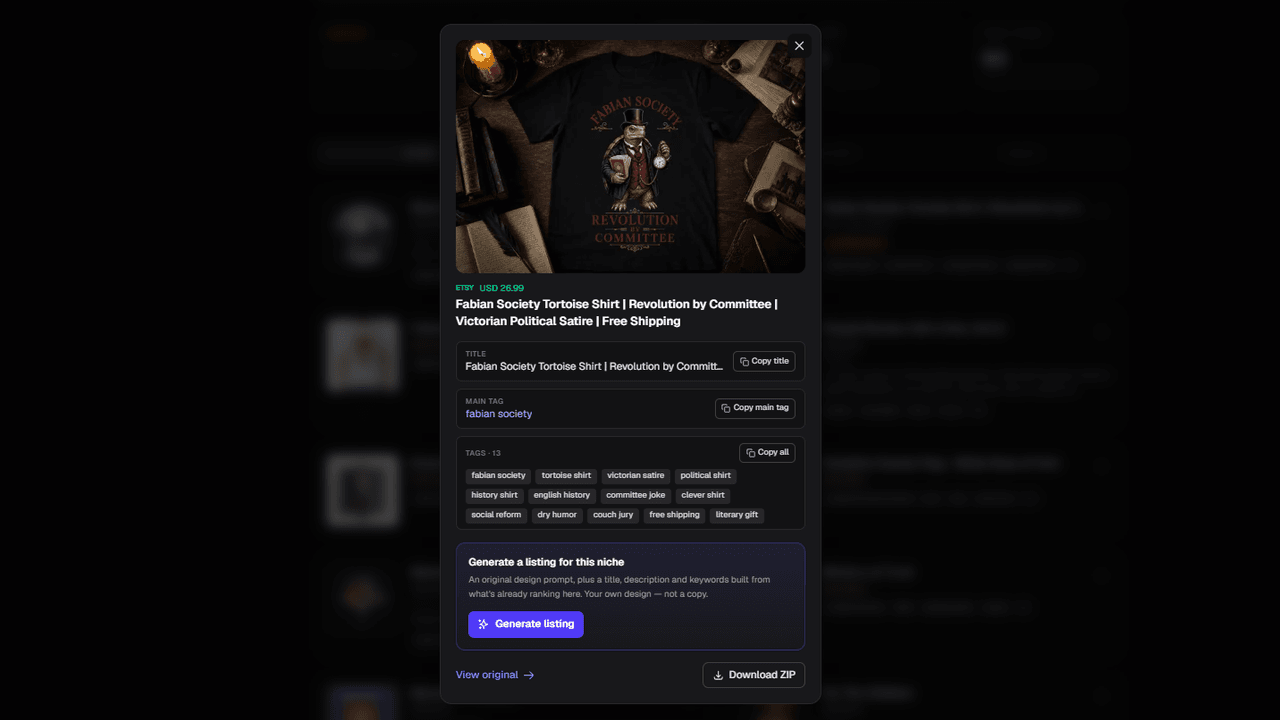 The Generate a listing for this niche button on a winning design inside Trendlytic